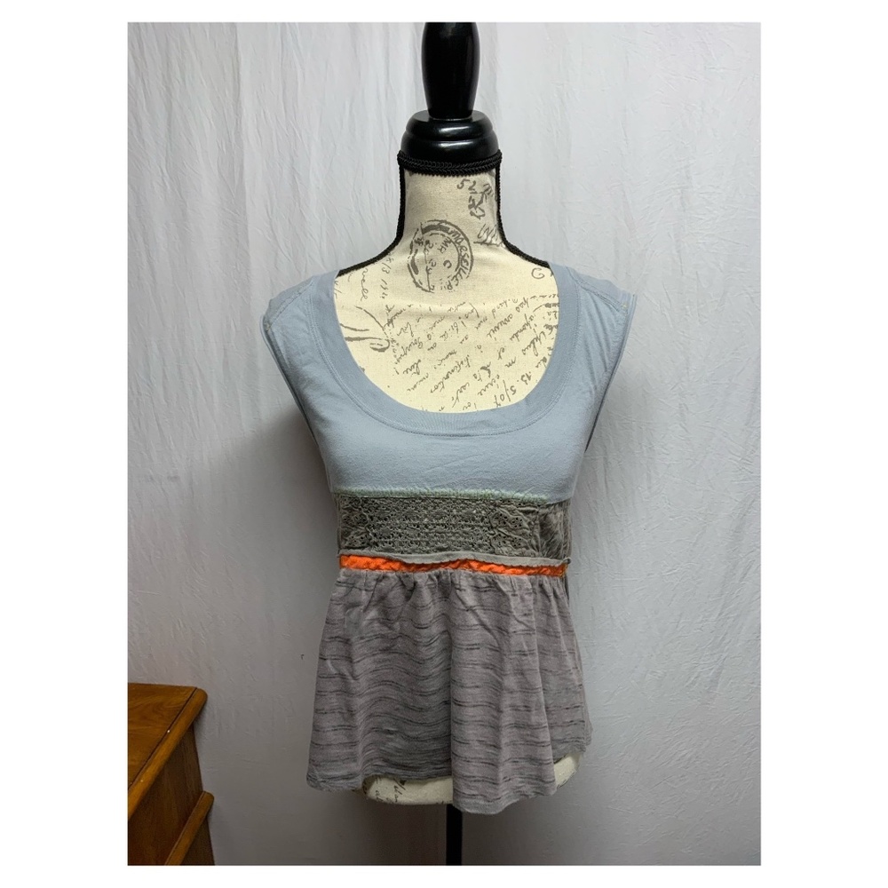 Free People Light Blue and Gray Short Sleeve Peplum Top with Orange Accent
